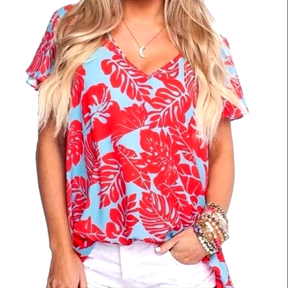 BUDDY LOVE Tropical Floral Leaf V-Neck Loose Flutter Sleeve Blouse Top NWOT